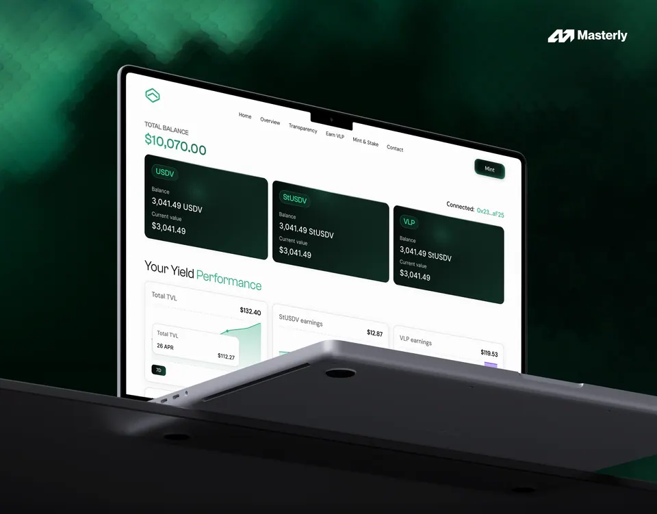 USDV DeFi yield dashboard — dual-token balances and yield performance