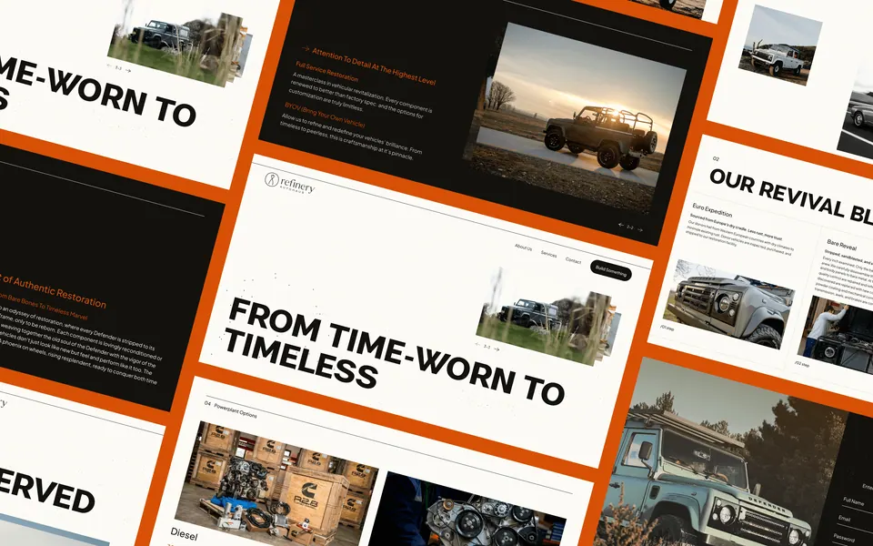 Refinery editorial layouts — 'From Time-Worn to Timeless' campaign typography