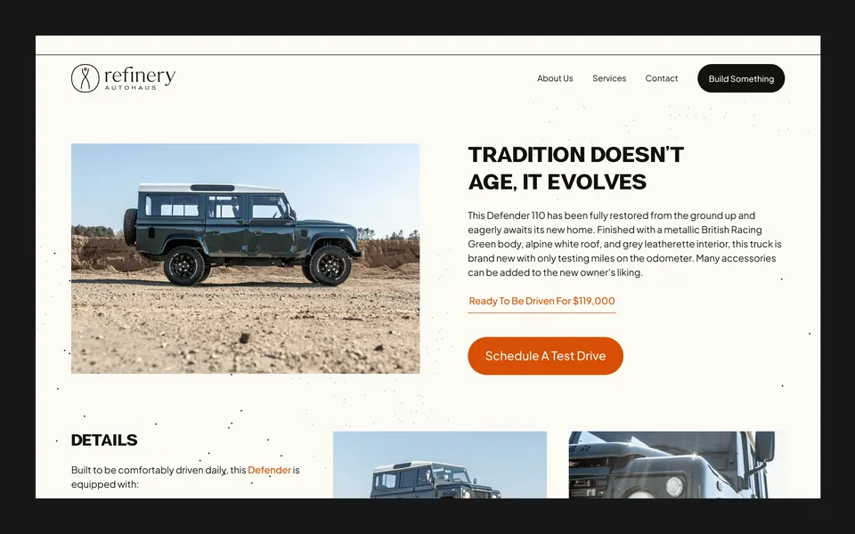 Refinery homepage — 'Tradition Doesn't Age, It Evolves' Defender hero