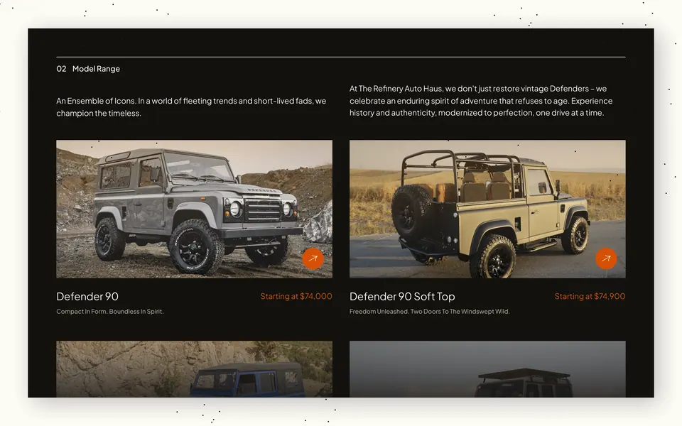 Refinery model range — Defender 90 and Soft Top listing page