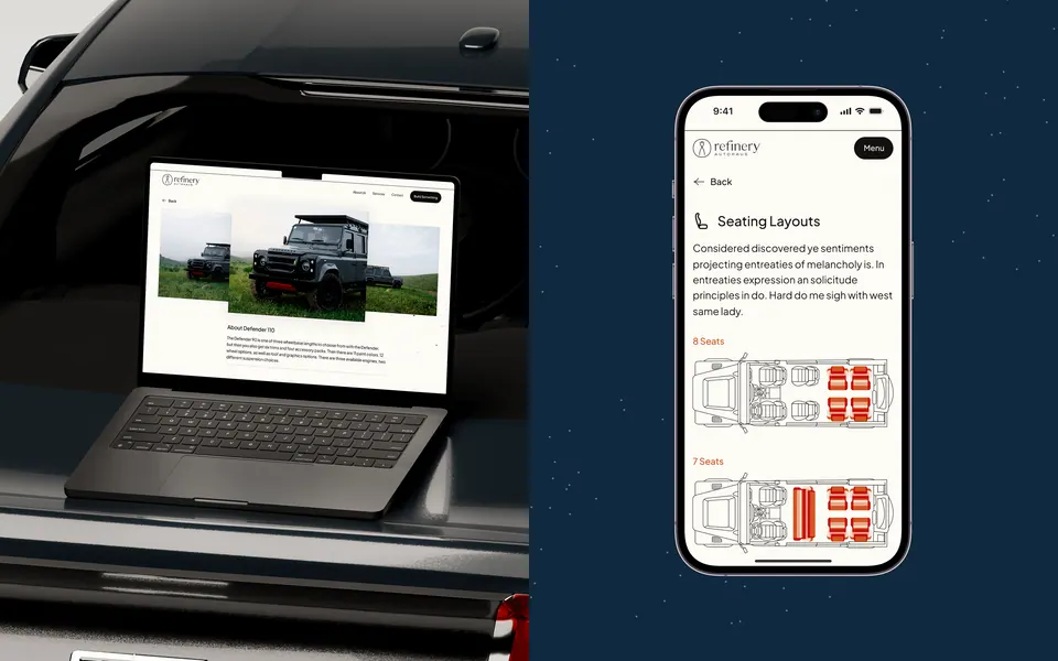 Refinery seating layouts page — configurator content on laptop and phone