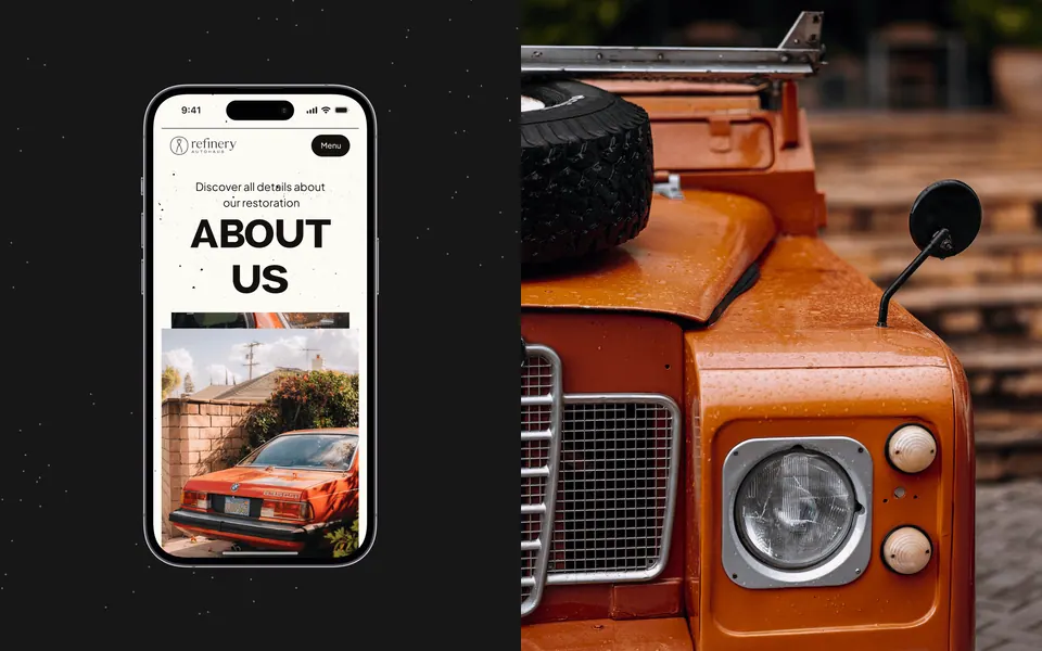 Refinery mobile site — about page and Defender photography on a phone