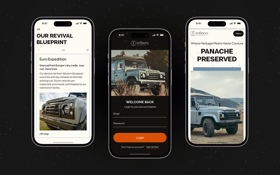 Refinery mobile screens — login, welcome and 'Panache Preserved' pages