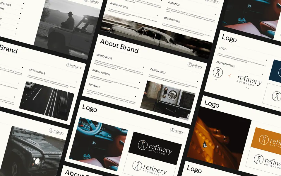 Refinery brand book spreads — logo, brand story and photography direction