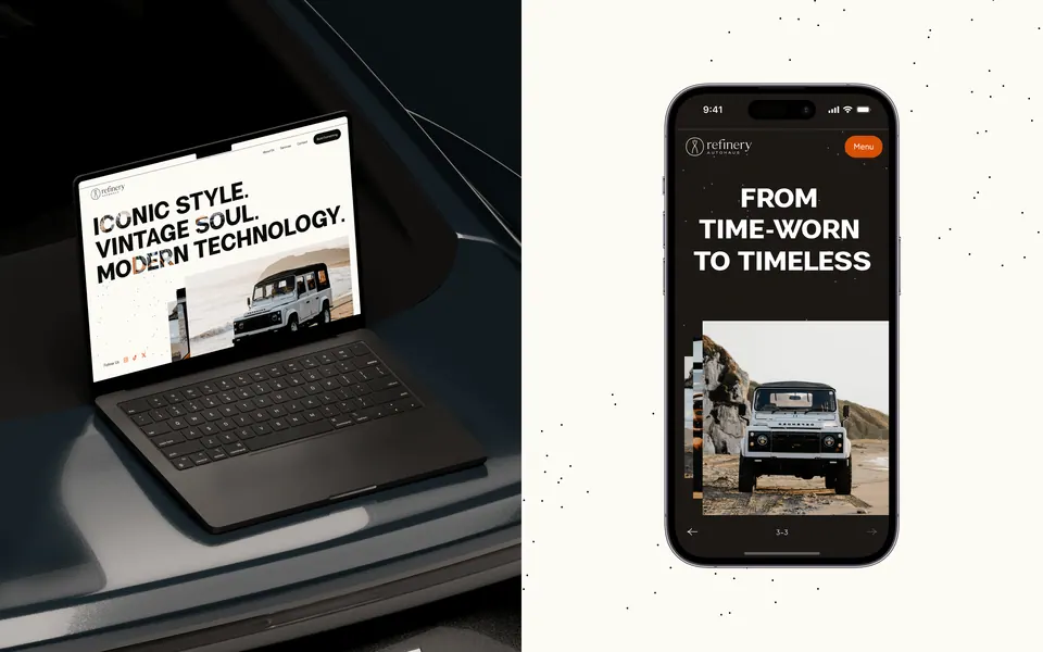 Refinery website — 'Iconic Style, Vintage Soul' campaign on laptop and phone