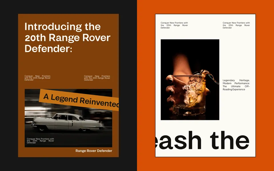 Refinery campaign posters — '20th Range Rover Defender' editorial layouts