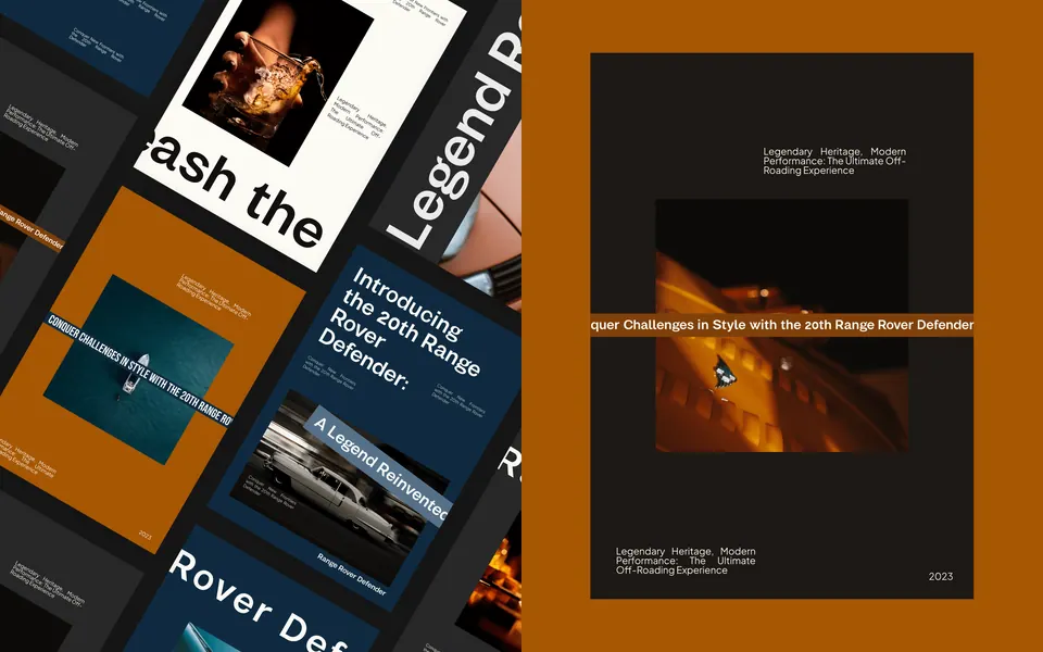 Refinery poster layouts — Defender campaign typography in orange and black