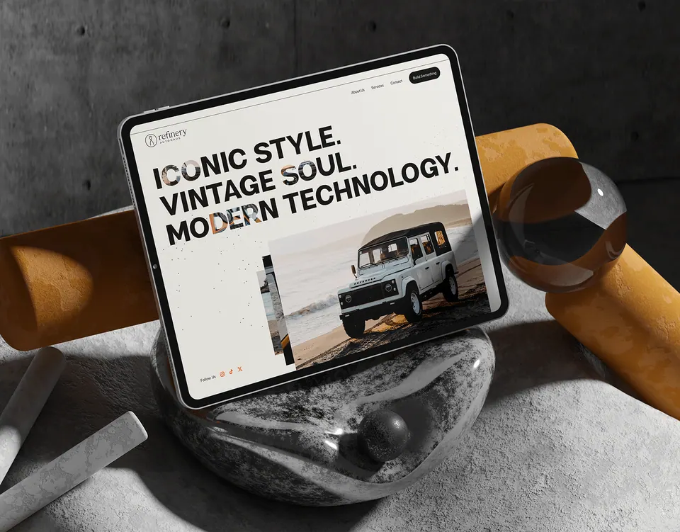 Refinery luxury automotive website — restored Defender brand campaign on tablet